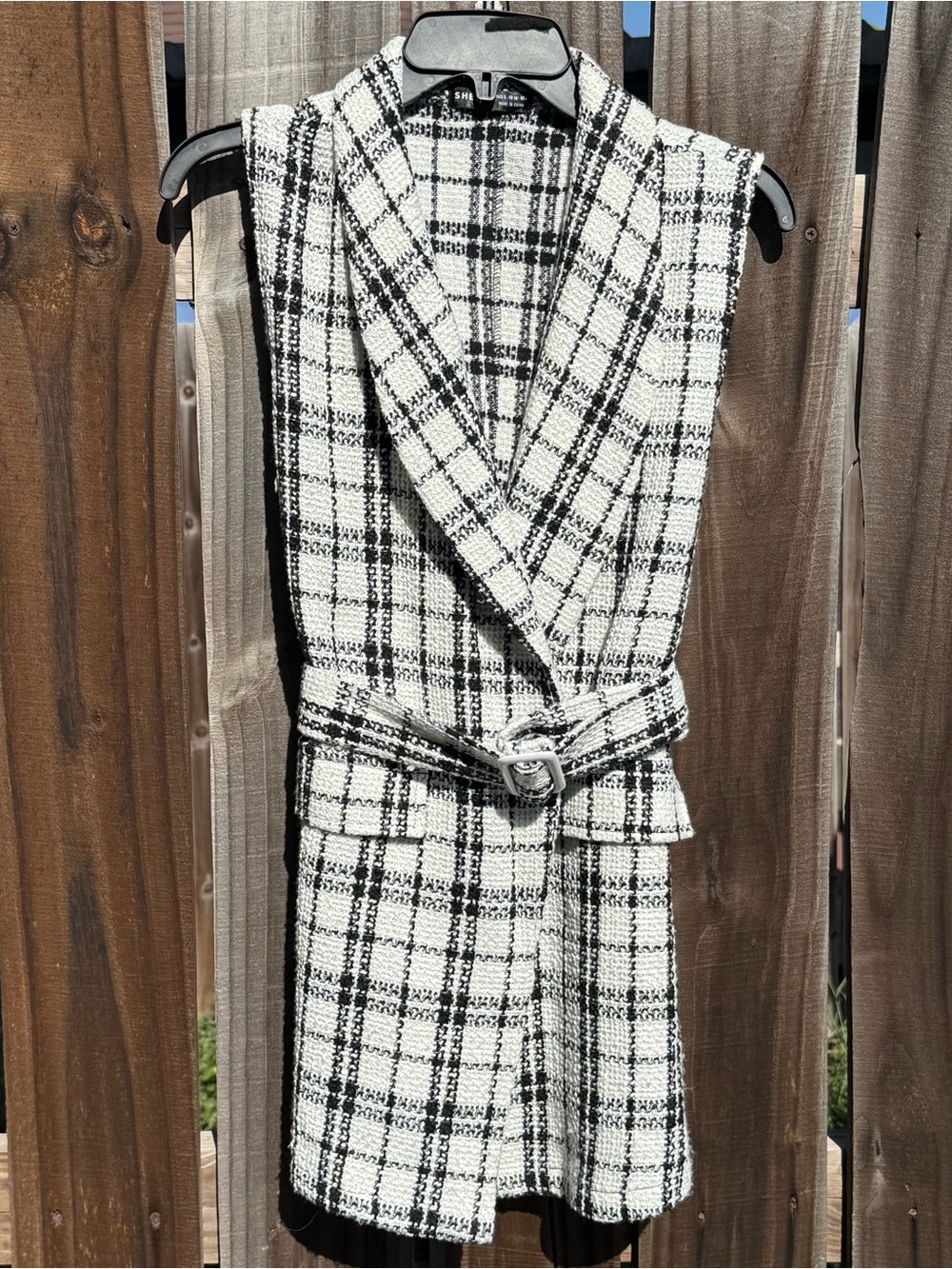 SHEIN Black & White Plaid Sleeveless Belted Vest